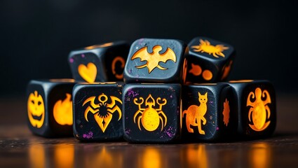 Halloween a pile of halloween themed dice with symbols like bats pumpkins and spiders on a wooden surface halloween design 