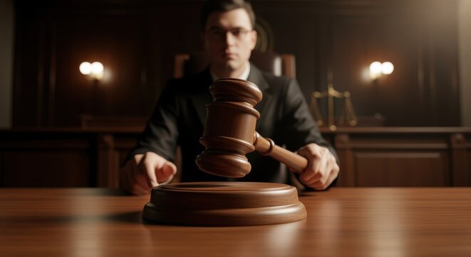 Dramatic courtroom scene showcasing gavel action slowmo capture highlighting wood texture.