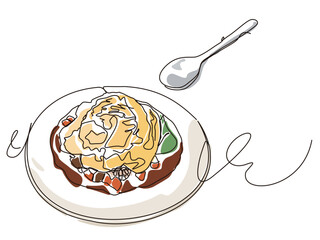 sketch lifestyle A068 ready to taste omelette rice by spoon show this Delicious Japanese food  vector illustration graphic EPS 10
