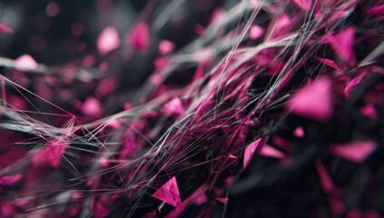 Abstract network of translucent lines and fragments, with a flurry of pink triangles against a dark background