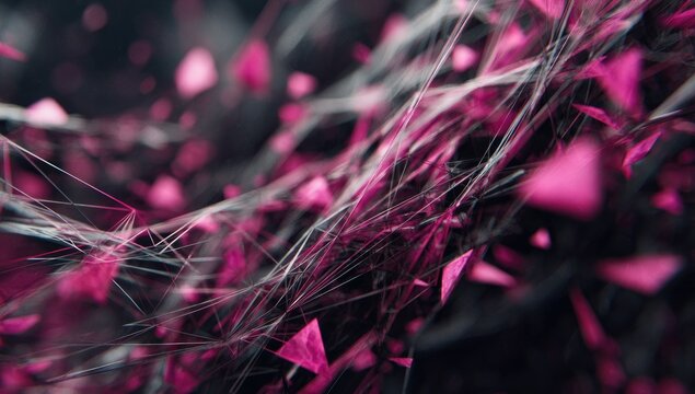 Abstract network of translucent lines and fragments, with a flurry of pink triangles against a dark background