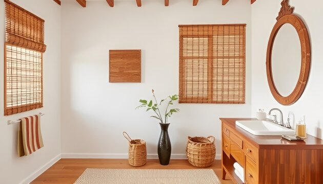 Bamboo Accents White walls bamboo mats bamboo blinds wooden vani