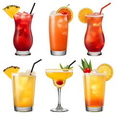 A set of tropical fruit cocktails in vibrant red, orange, and yellow hues. PNG set bundle, transparent isolated background. Mixology, bar menu cocktails, colorful vibrant refreshing drinks with pineap