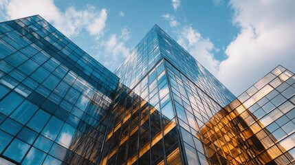 Fototapeta premium A 4K photo of economics, banking, business and finance concept.A fragment of a modern office building in the capital .glass buildings with cloudy blue sky background .modern.