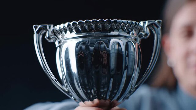 Silver trophy held by hand symbolizes local sports championship victory and award, celebrating achievement and pride in competitive sports competition