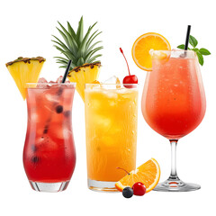 A set of tropical fruit cocktails in vibrant red, orange, and yellow hues. PNG set bundle, transparent isolated background. Mixology, bar menu cocktails, colorful vibrant refreshing drinks with pineap