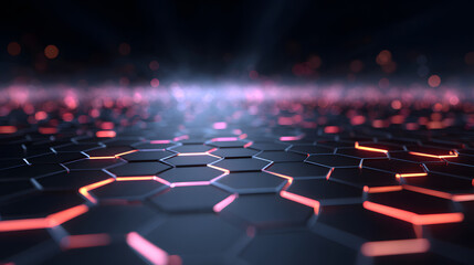 Obraz premium Futuristic hexagonal grid with glowing orange lines, digital surface, abstract technology background, modern sci fi atmosphere, illuminated pattern, energetic mood