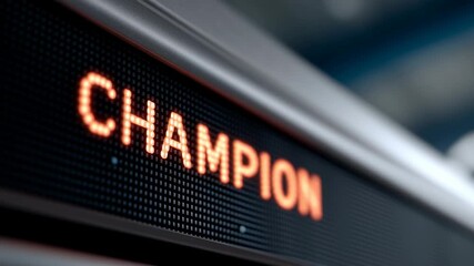 Champion word glowing bright orange light on digital scoreboard in stadium sports event celebrating local championship victory display