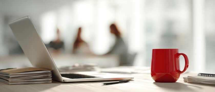 The vibrant red mug and laptop on a modern office desk setting. - Powered by Adobe