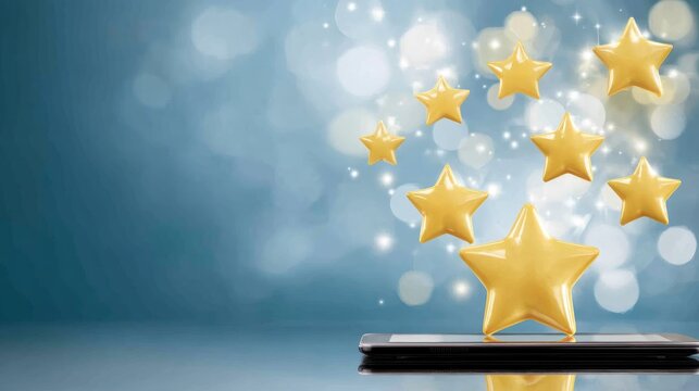 Digital tablet with floating glowing star icons above, representing customer ratings and feedback, set against a blue gradient background with light tech accents, conveying positive reviews and digit