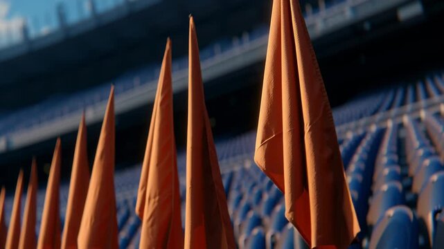 Orange flag waves high in local sports championship stadium with blue seats under bright sky creating vibrant energetic atmosphere for event