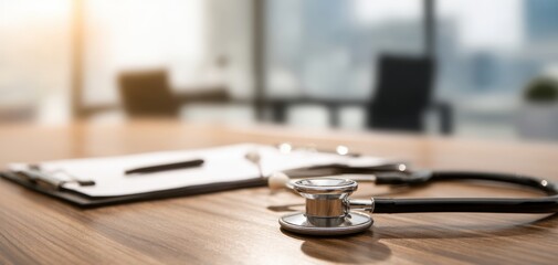 The stethoscope resting on a polished table in a modern medical office.