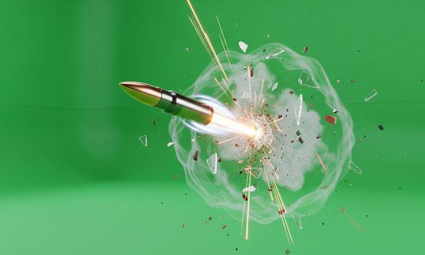 A bullet with a copper tip is shown flying through the air and shattering a transparent barrier, with a burst of light, sparks, and debris against a green background.

