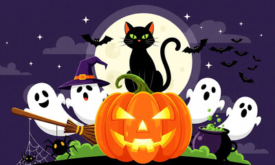 An illustration shows a black cat, ghosts, bats, and a jack-o'-lantern against a full moon on a dark, spooky night.

