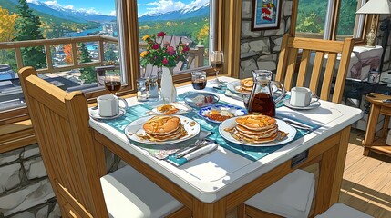 Fototapeta premium Cozy Mountain Breakfast Scene with Pancakes and Scenic View from the Window
