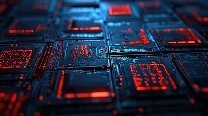 A close-up view of intricate circuit boards featuring glowing red elements, showcasing advanced technology and digital design.