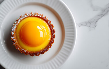 Overhead View of a Yellow Lemon Tart on a White Plate