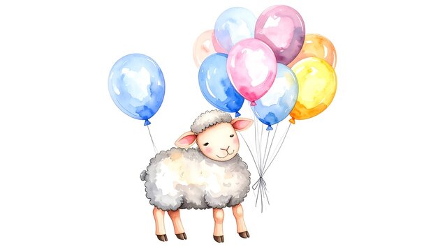 Watercolor lamb with colorful balloons for baby shower or birthday card