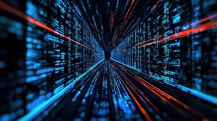 A vibrant, abstract depiction of data streams in blue and orange, creating a sense of speed and motion through a digital tunnel.