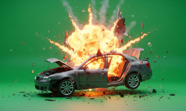 A dark gray car is exploding in mid-air with a large fireball, smoke, and debris flying in all directions.

