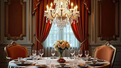 Formal dining room with rich decor.