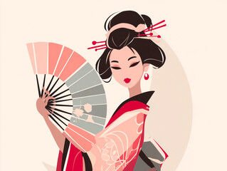 Cartoon-style vector of a geisha holding a fan, bold lines, pastel palette
