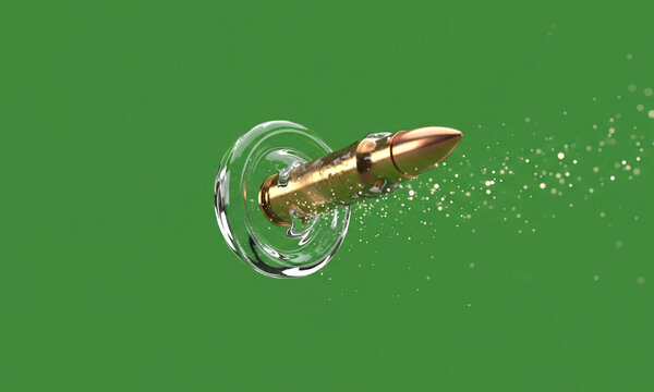 A golden bullet is flying through a clear, circular liquid, causing a spray of droplets.

 - Powered by Adobe
