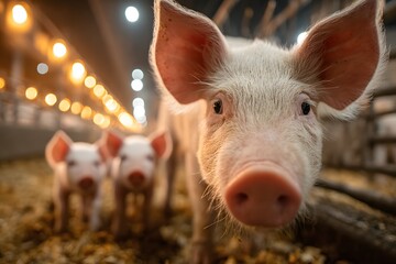 A nurturing female pig tenderly cares for piglets in a bright, hygienic setting.