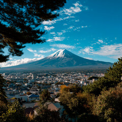 
Elegant Japan tour slide cover, mix of natural beauty and modern city life, Mount Fuji in the background, minimalist aesthetic