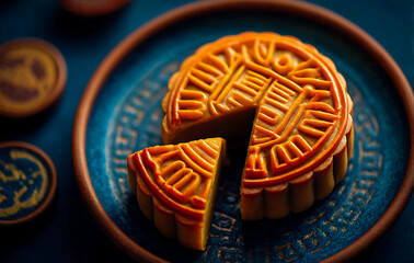 Closeup of a Cut Mooncake on a Blue Plate