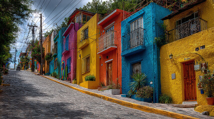 Fototapeta premium Vibrant streetscape: Colorful houses lining a cobblestone street, creating a picturesque and charming scene. A delightful display of architectural vibrancy.