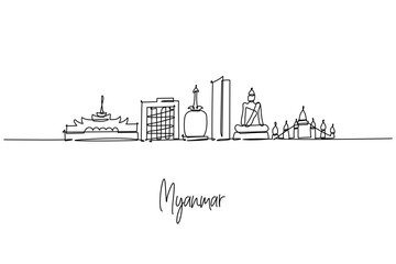 Obraz premium Minimalist single line drawing of Myanmar city skyline featuring Yangon icons like Shwedagon Pagoda, modern towers and ancient temples, a city skyline concept themed around Myanmar culture and travel.