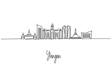 Fototapeta premium Elegant one line drawing of Yangon, Myanmar city skyline, featuring Shwedagon and Sule pagodas, colonial facades, and modern towers; a city skyline concept themed around Yangon culture and travel.