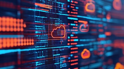 A vibrant digital representation of cloud computing, showcasing interconnected data with glowing icons and lines on a dark background.