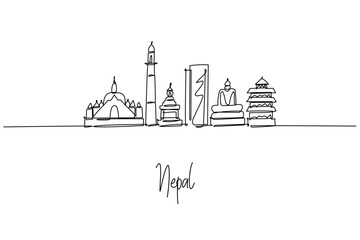 Fototapeta premium Elegant continuous line drawing of Nepal city skyline, featuring Kathmandu icons Boudhanath Stupa, Dharahara Tower and pagoda temples; a city skyline concept themed around Himalayan culture.