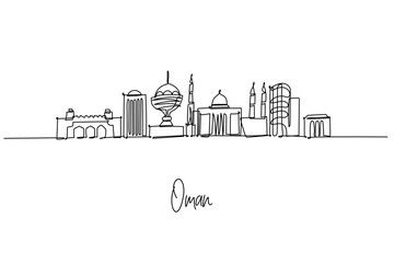 Obraz premium Continuous line drawing of Muscat, Oman city skyline featuring Mutrah Gate, Grand Mosque, Royal Opera House and Riyam incense burner; travel theme celebrating Gulf architecture and coastal culture.