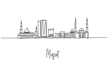 Fototapeta premium Stylish one line drawing of Muscat city skyline in Oman, showcasing Sultan Qaboos Grand Mosque, Mutrah Gate and Royal Opera House, blending coastal heritage and modern towers for travel themed decor.