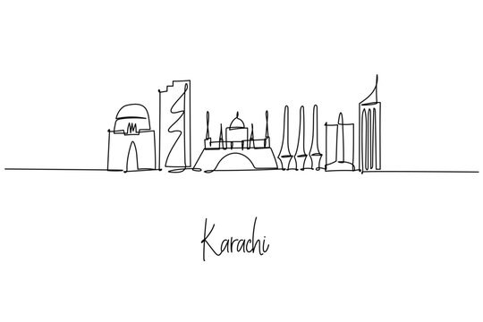 Minimalist single line drawing of Karachi city skyline, featuring Mazar e Quaid, Bahria Icon Tower and mosques; a city skyline concept themed around Pakistan's coastal Sindh culture and heritage.