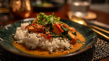 Closeup of Chicken and Spinach Stir Fry Served over Rice
