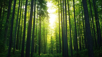 Obraz premium A serene forest scene with tall trees bathed in soft sunlight, creating a vibrant green canopy and a peaceful atmosphere.