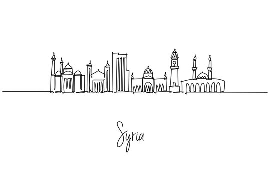 Elegant continuous line drawing of Syria city skyline, blending Damascus Umayyad Mosque, Aleppo citadel and coastal towers; a city skyline concept themed around Syrian heritage, history and travel.