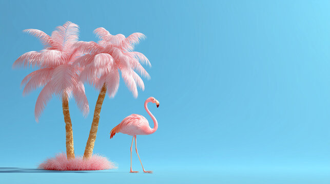 The scene shows pink flamingo and palm tree on blue summer background in 3D rendering, 3D illustration.

