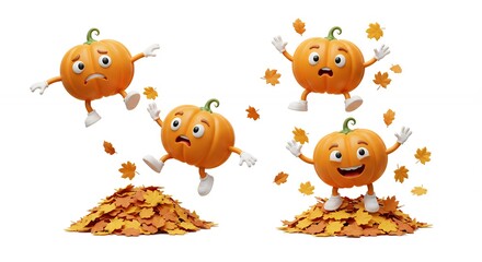 Fototapeta premium Cartoon pumpkins in autumn leaves