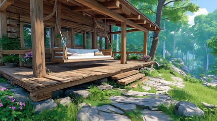 Cozy Wooden Cabin Surrounded by Lush Green Forest and Scenic Nature View on Sunny Day