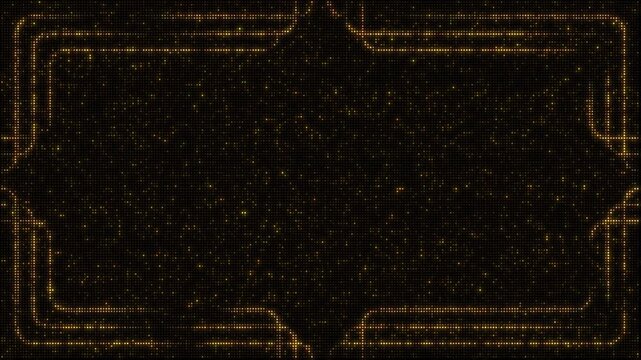 Golden lights backdrop set, art deco frame borders, abstract lines, seamless loop video animation, flashing light bulb, wall of lights motion graphics.