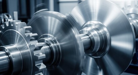 Industrial equipment in action showing spinning metallic cogs and blades.