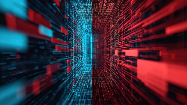 A vibrant digital tunnel with red and blue lines creating an intense, futuristic atmosphere, suggesting technology and data flow.