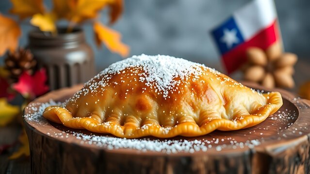 Traditional empanada on a rustic wooden plate, dusted with powdered sugar and autumn leaves behind.