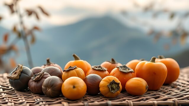 Glossy chestnuts and persimmons on a bamboo mat with misty mountains in the background, evoking autumn serenity.