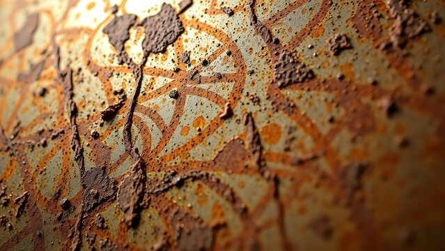 Close-up of aged metal surface revealing intricate rust patterns, showcasing industrial texture and history.